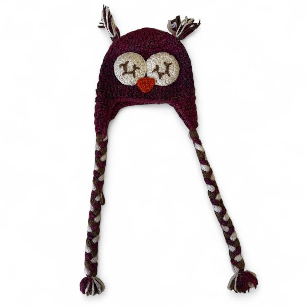 Burgundy and white owl hat